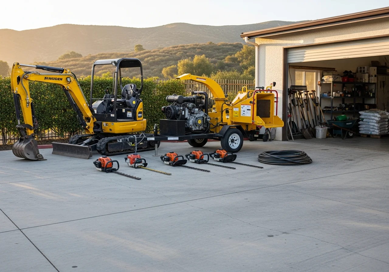 Landscaping crew with equipment and tools ready for service. Professional outdoor maintenance setup.