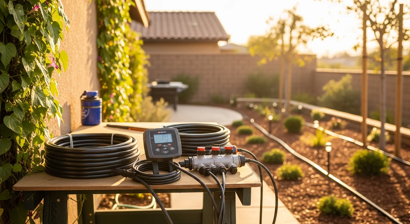 Irrigation technician installing sprinkler system in residential landscape