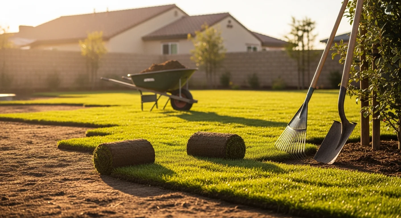 Professional landscaping crew installing sod and mulch in a residential yard