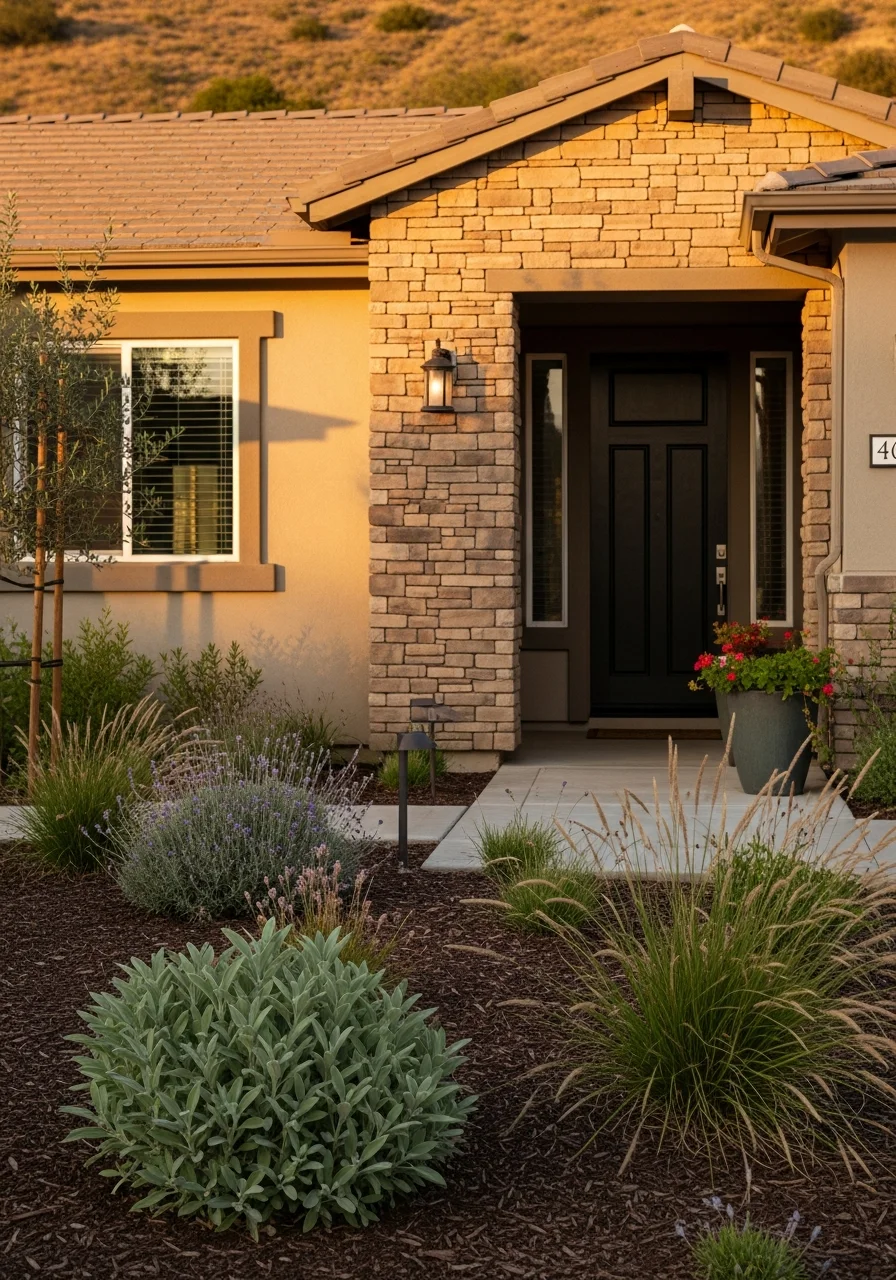 Close-up of a Fallbrook home's entrance with native landscaping and rural setting visible.