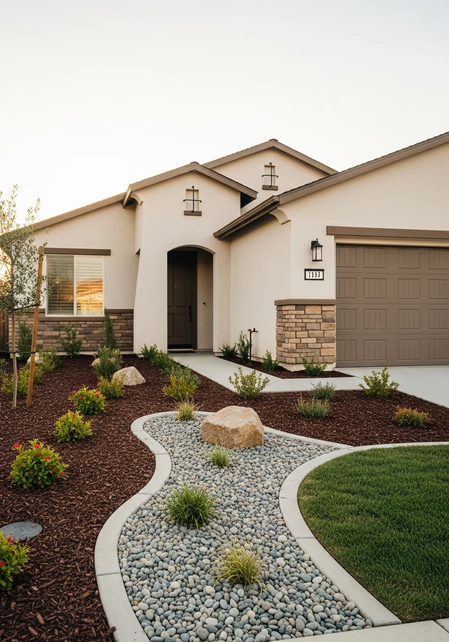 Detail shot of a Murrieta home's exterior with contemporary design and manicured landscaping.