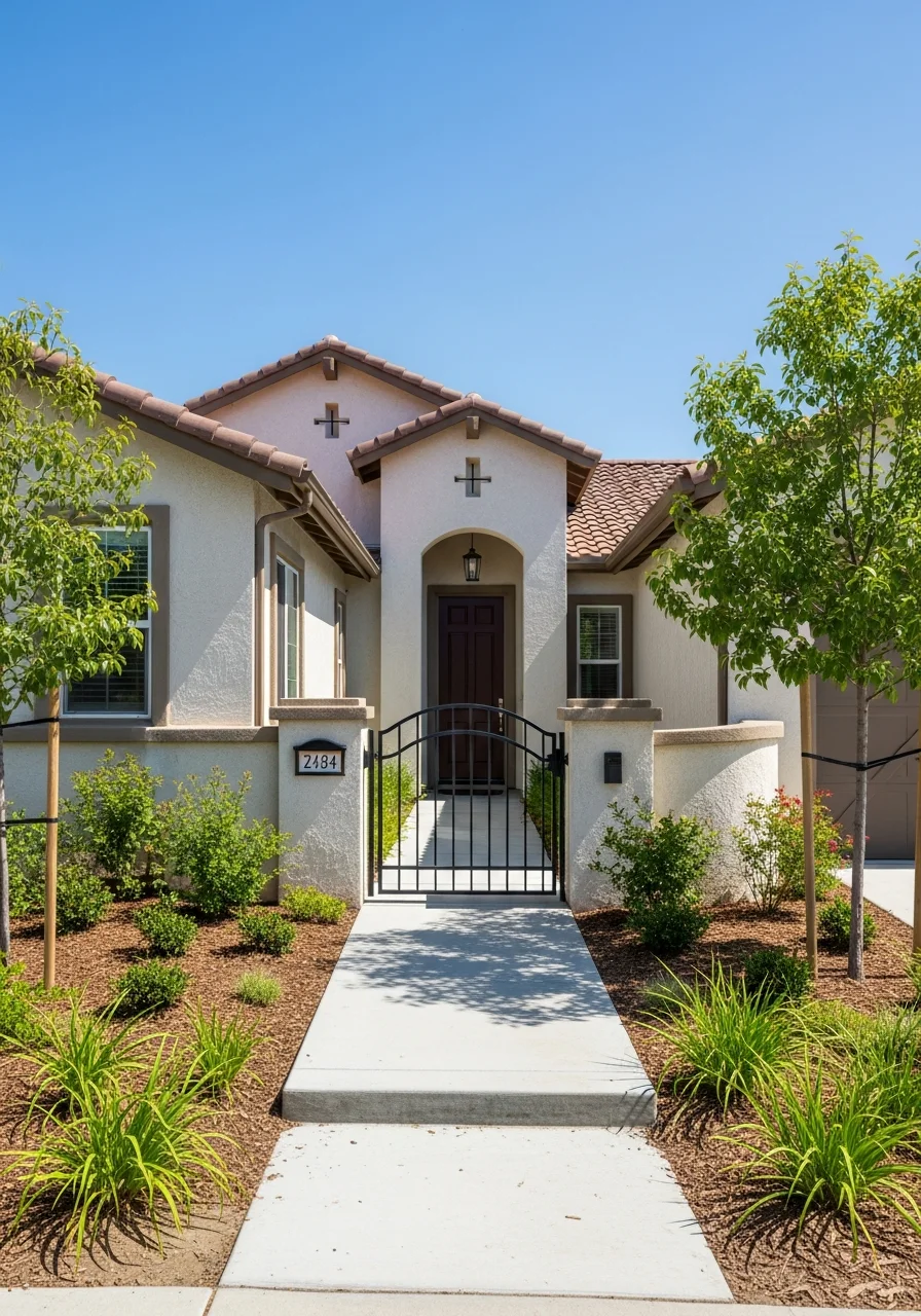 Close-up of a Temecula home's front entrance with native plants and stone accents.