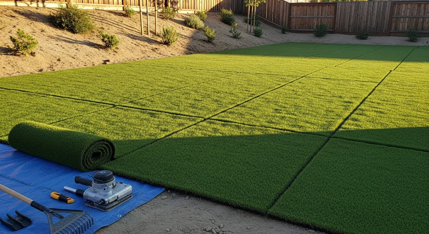 Freshly installed artificial turf covering a residential backyard in Temecula, California, with clean seams, a defined border edge, and a bright green surface under clear blue sky. The yard shows a smooth, even finish suitable for a family outdoor space in a dry Southern California climate.