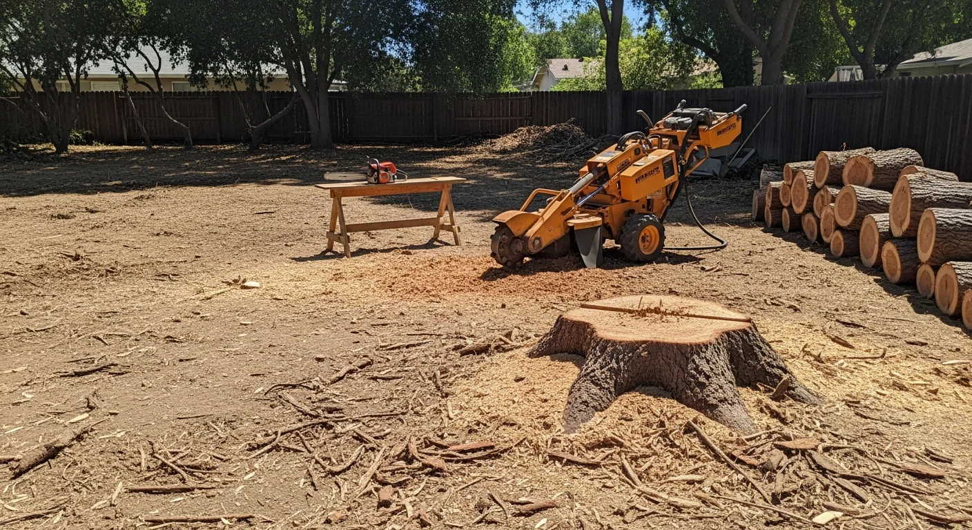 A Martinscapes crew removing a large dead tree from a residential yard in Temecula, California, with the trunk sectioned and debris cleared from the surrounding lawn. The property shows a cleared stump area ready for replanting in a dry Southern California landscape.