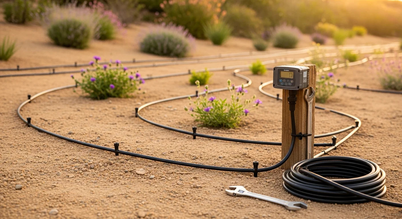 Drip irrigation emitters installed along a mulched garden bed in a Temecula backyard, with tubing routed around drought-tolerant shrubs and a dry-stack stone border. Water drips steadily at the base of each plant on a sunny Southern California morning.