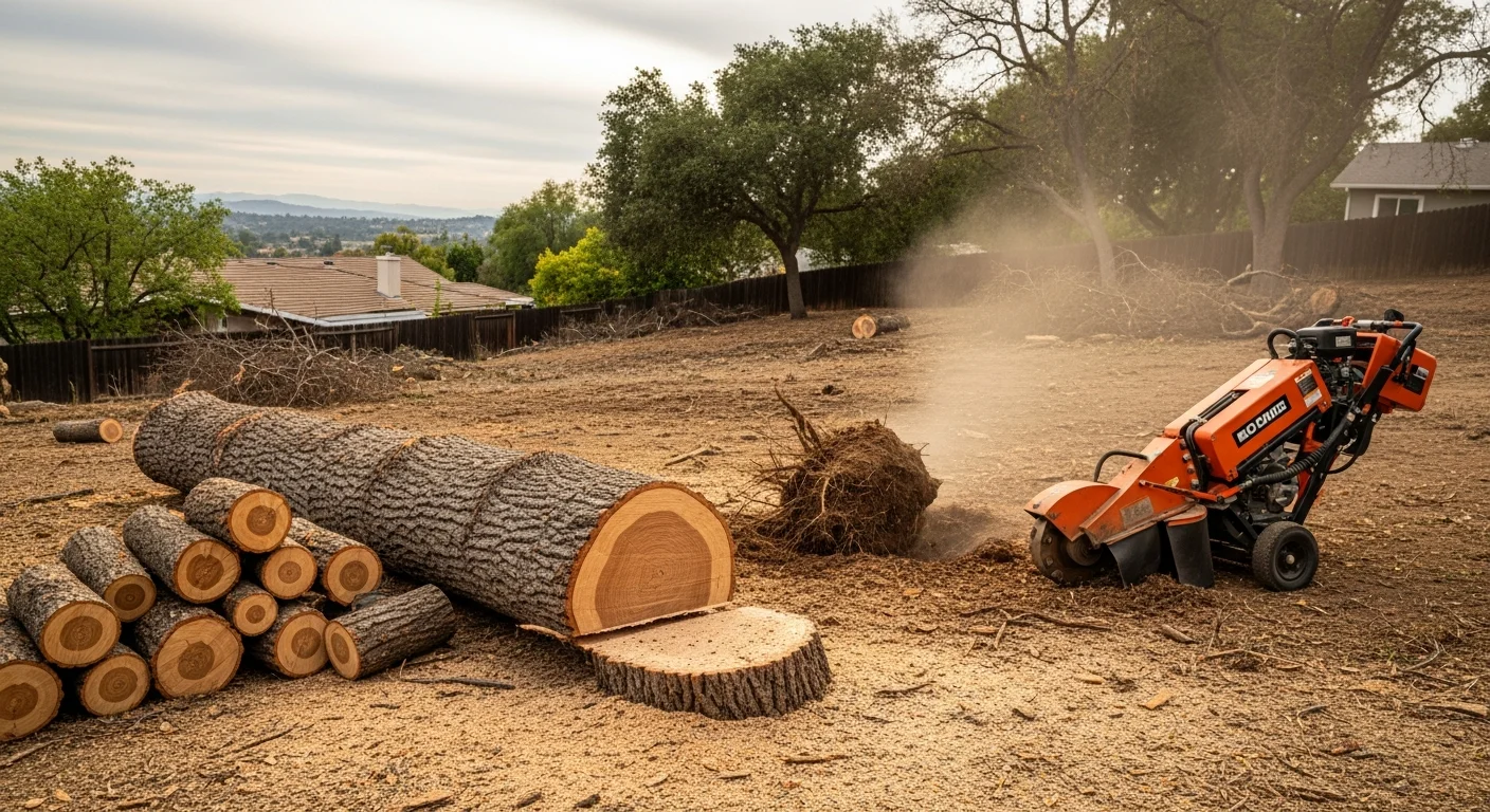 A large dead tree being sectioned and lowered in controlled cuts by a tree crew in a residential Temecula backyard. The surrounding fence and roofline remain undamaged as debris is cleared from the property.