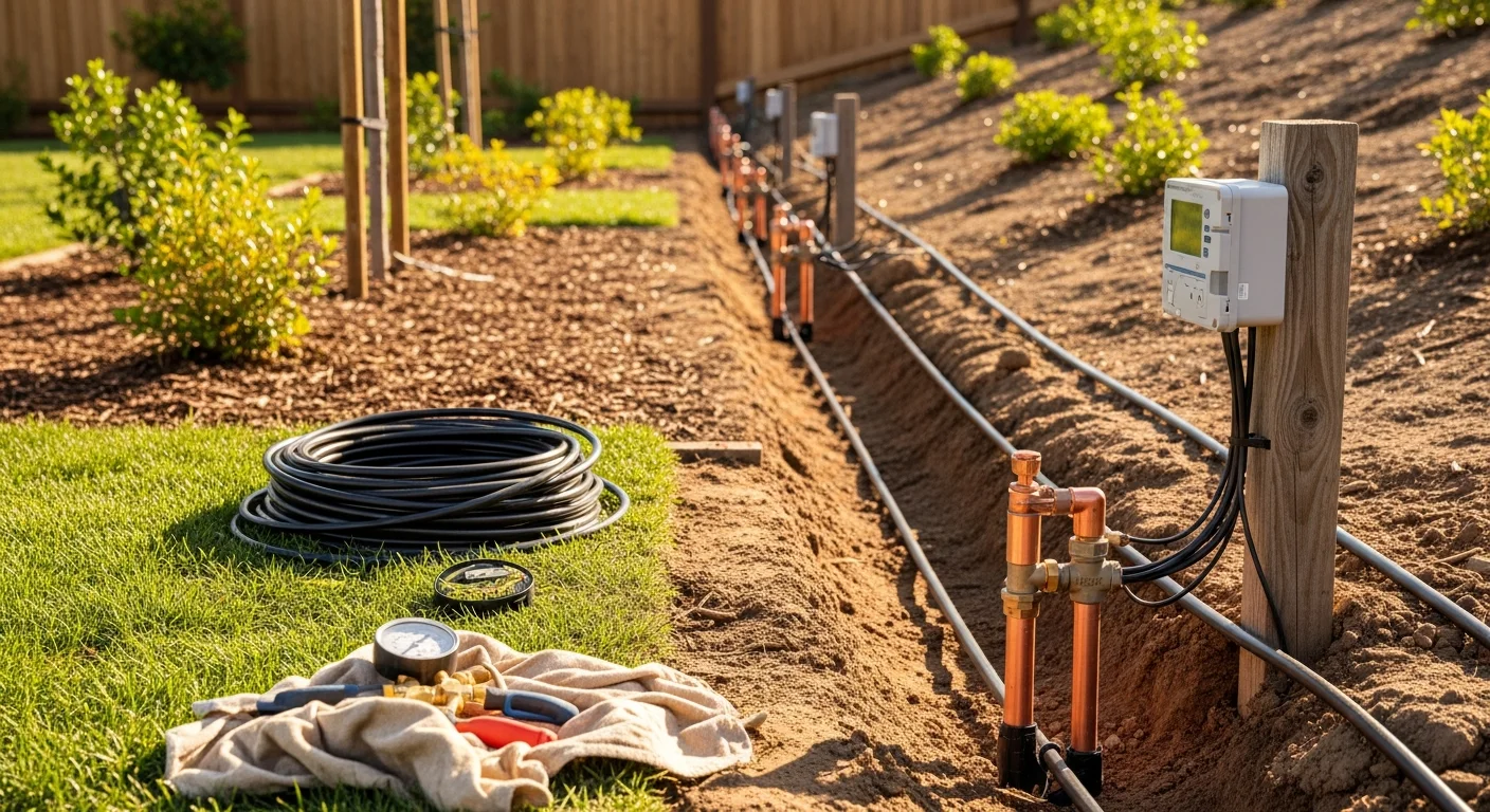 Freshly installed irrigation system in a Temecula residential backyard, showing evenly spaced sprinkler heads across a green lawn with dry hillside terrain visible in the background. A controller box is mounted on an exterior wall near the side gate.