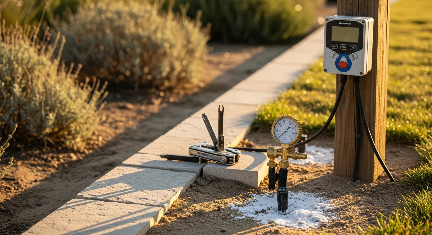 A Martinscapes technician inspecting and adjusting a sprinkler head in a residential Temecula yard during a routine irrigation maintenance visit. Green lawn and dry Southern California hillside visible in the background.