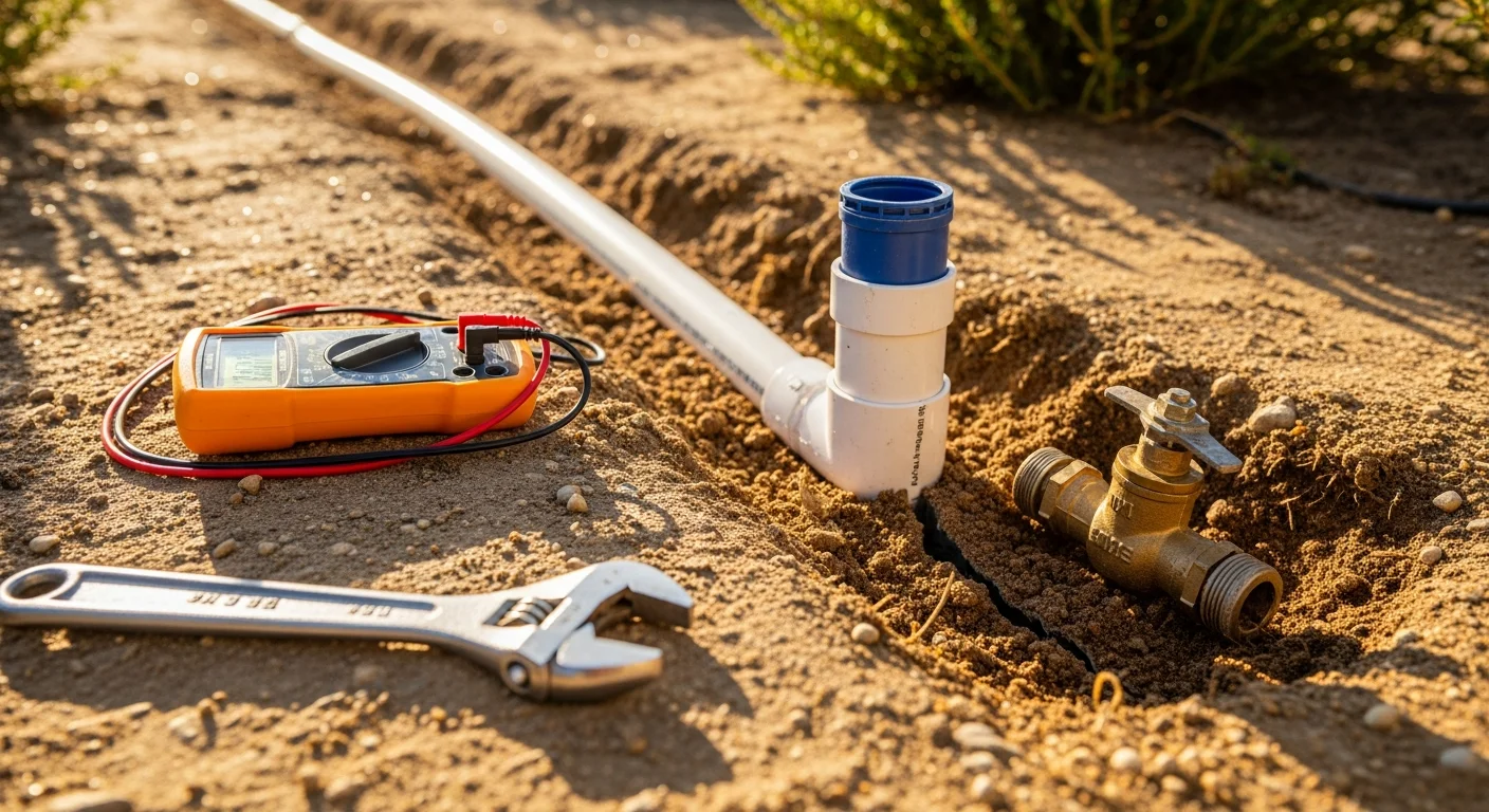 A Martinscapes technician inspecting a sprinkler valve box in a Temecula residential yard during a dry summer afternoon. Repaired sprinkler heads are visible in the background with active water coverage across a green lawn.