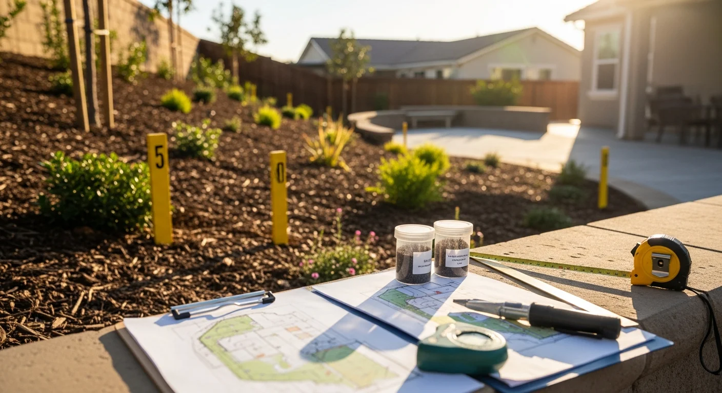 A Temecula residential backyard after a landscape design consultation, showing a drought-tolerant planting layout with defined zones on a sloped lot. The design reflects the Mediterranean climate conditions common to Temecula's master-planned communities.