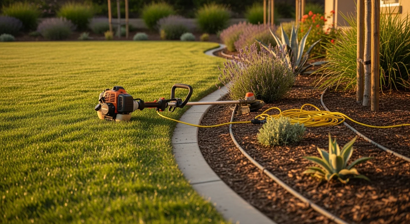 A well-maintained residential front yard in Temecula, California, showing freshly mowed turf, clean-edged borders, and neatly trimmed shrubs under bright summer sun. A Martinscapes crew member edges the lawn along a concrete walkway leading to the front door.