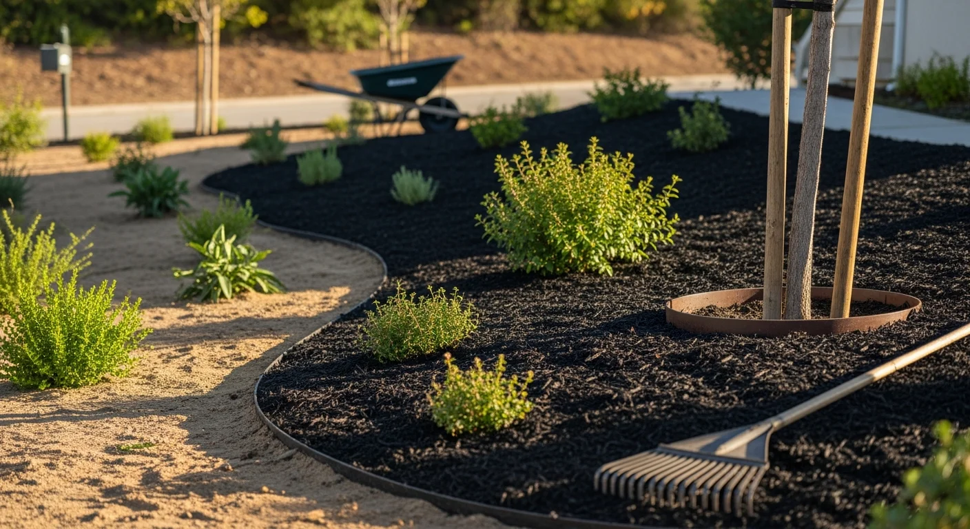 Freshly installed dark mulch covering a garden bed around drought-tolerant plants at a residential property in Temecula, California. Mulch is evenly spread around plant bases with clean edges along a concrete border.