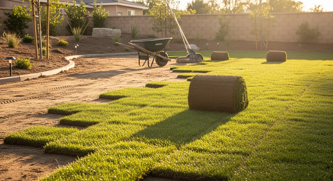 Freshly installed sod covering a residential front yard in Temecula, California, with clean straight seams and a level surface ready for root establishment. A stucco home exterior and dry hillside backdrop are visible in the background.