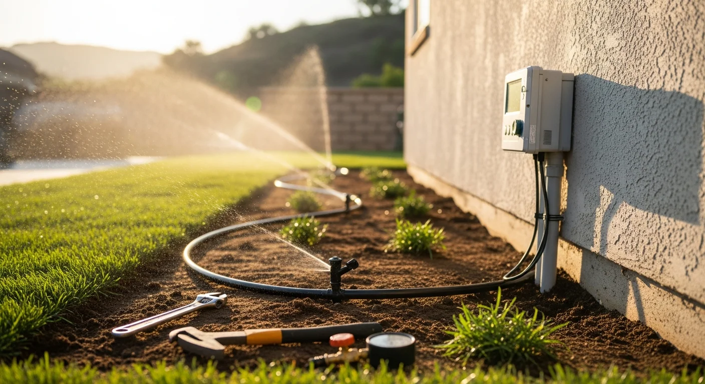A freshly installed residential sprinkler system in a Temecula backyard, with pop-up spray heads watering an even spread of turf and low-water shrubs under a clear Southern California sky. A wall-mounted smart irrigation controller is visible on the exterior of the home.