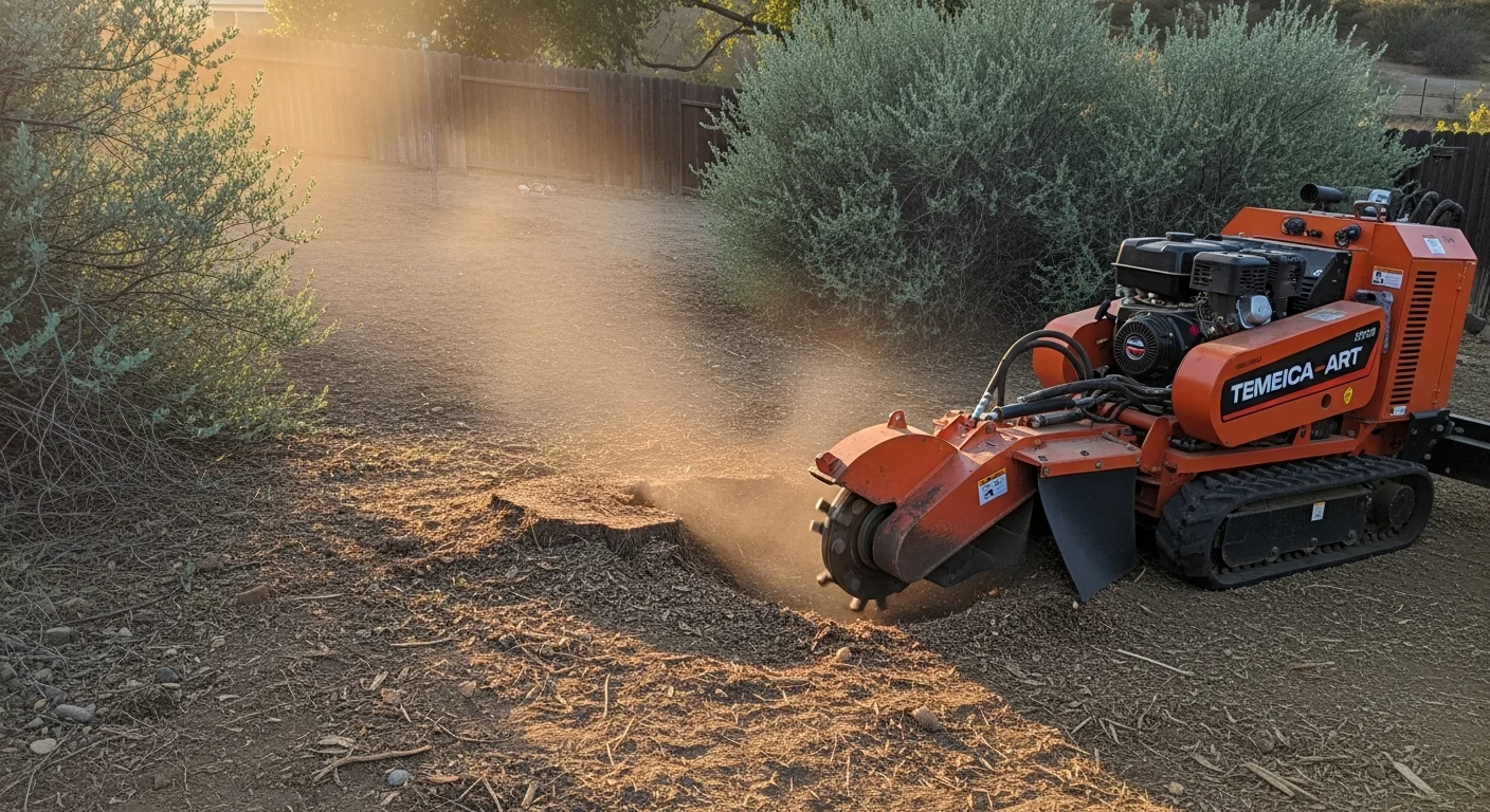 A freshly ground tree stump in a Temecula residential backyard, with wood chips filling the ground-level cavity and surrounding lawn intact. A stump grinder is visible at the edge of the cleared area.
