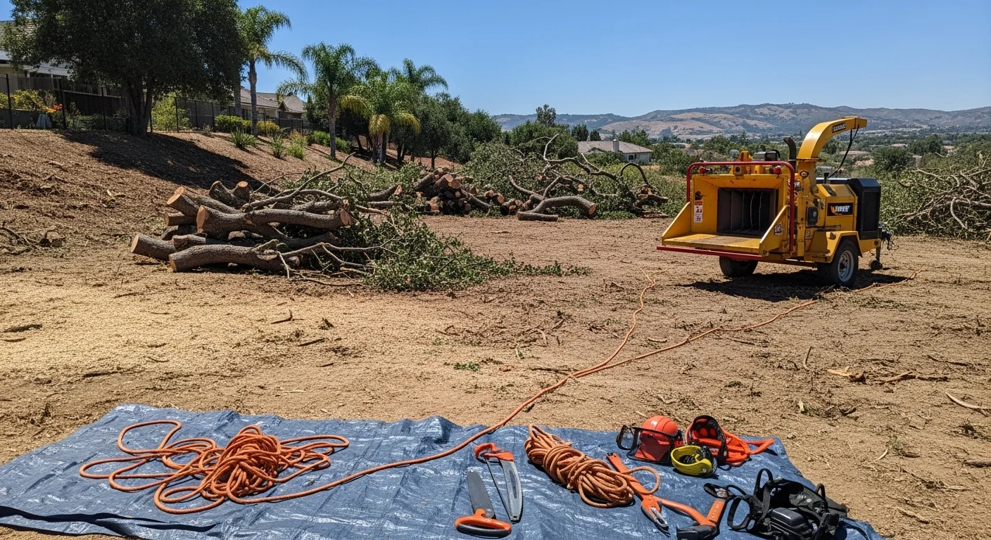 A Martinscapes crew member in safety gear removing a large dead tree in a Temecula residential backyard. The surrounding fence and lawn are protected while the tree is cut in sections.