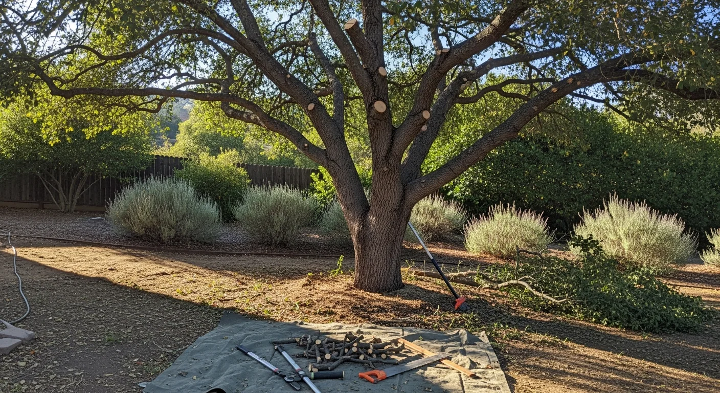 A Martinscapes crew member trimming the upper canopy of a mature live oak in a Temecula residential backyard. Trimmed branches are stacked neatly on the lawn below the tree.